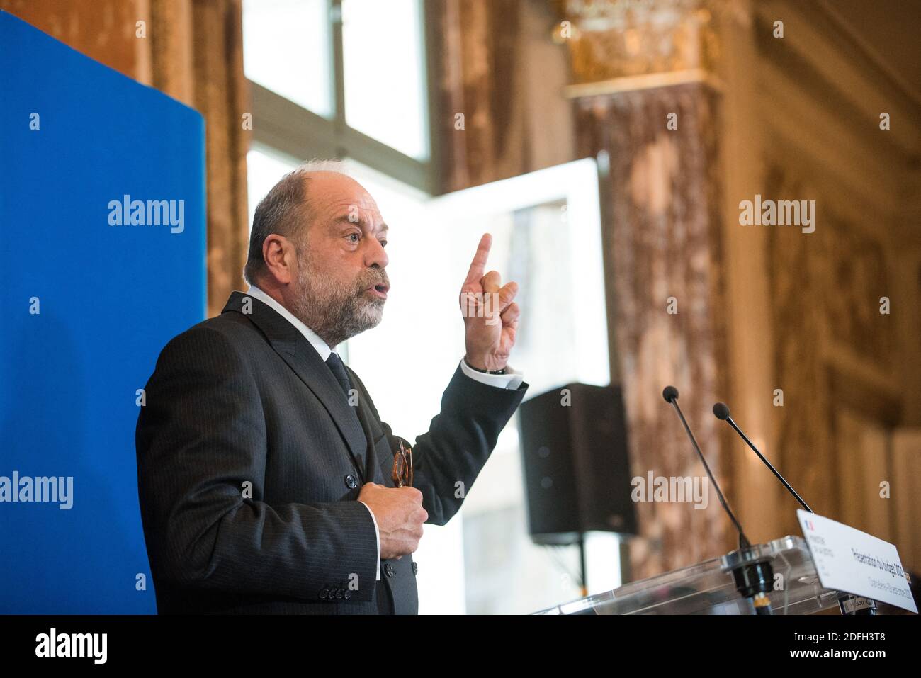 Le ministre français de la Justice, Eric Dupond-Moretti, parle lors d'une conférence de presse de la présentation du budget 2021 du ministre de la Justice, à Paris, en France, le 29 septembre 2020. Photo de Julie Sebadelha/ABACAPRESS.COM Banque D'Images