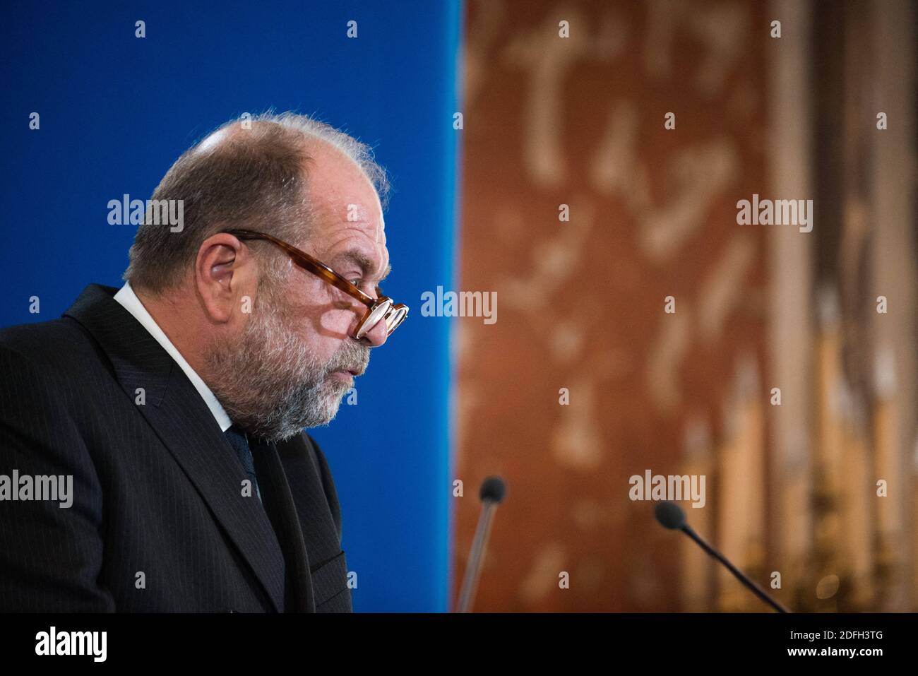 Le ministre français de la Justice, Eric Dupond-Moretti, parle lors d'une conférence de presse de la présentation du budget 2021 du ministre de la Justice, à Paris, en France, le 29 septembre 2020. Photo de Julie Sebadelha/ABACAPRESS.COM Banque D'Images