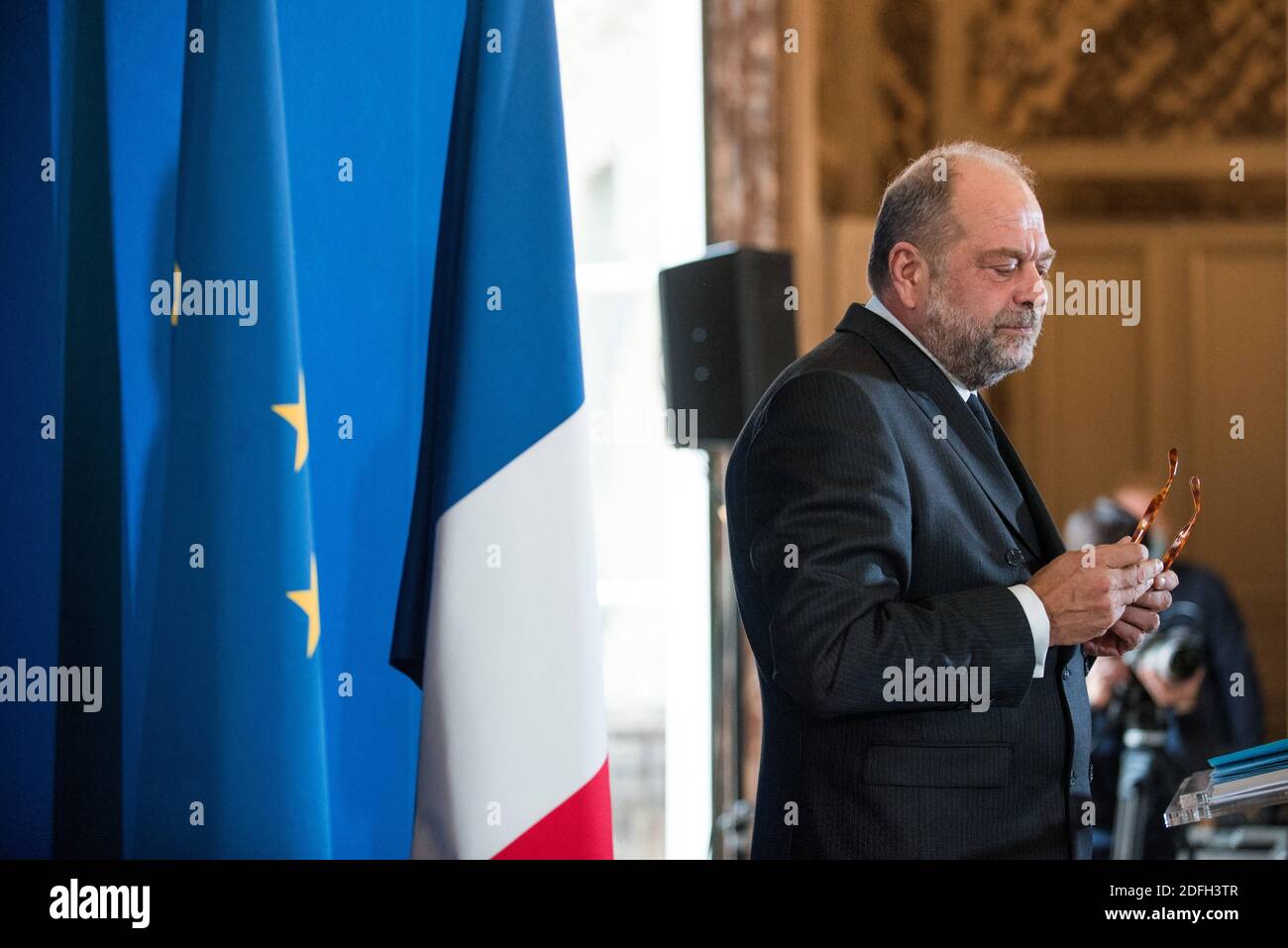 Le ministre français de la Justice, Eric Dupond-Moretti, parle lors d'une conférence de presse de la présentation du budget 2021 du ministre de la Justice, à Paris, en France, le 29 septembre 2020. Photo de Julie Sebadelha/ABACAPRESS.COM Banque D'Images