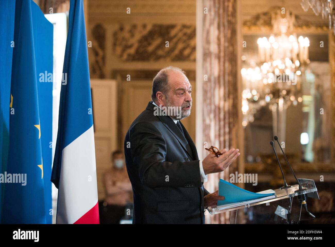 Le ministre français de la Justice, Eric Dupond-Moretti, parle lors d'une conférence de presse de la présentation du budget 2021 du ministre de la Justice, à Paris, en France, le 29 septembre 2020. Photo de Julie Sebadelha/ABACAPRESS.COM Banque D'Images