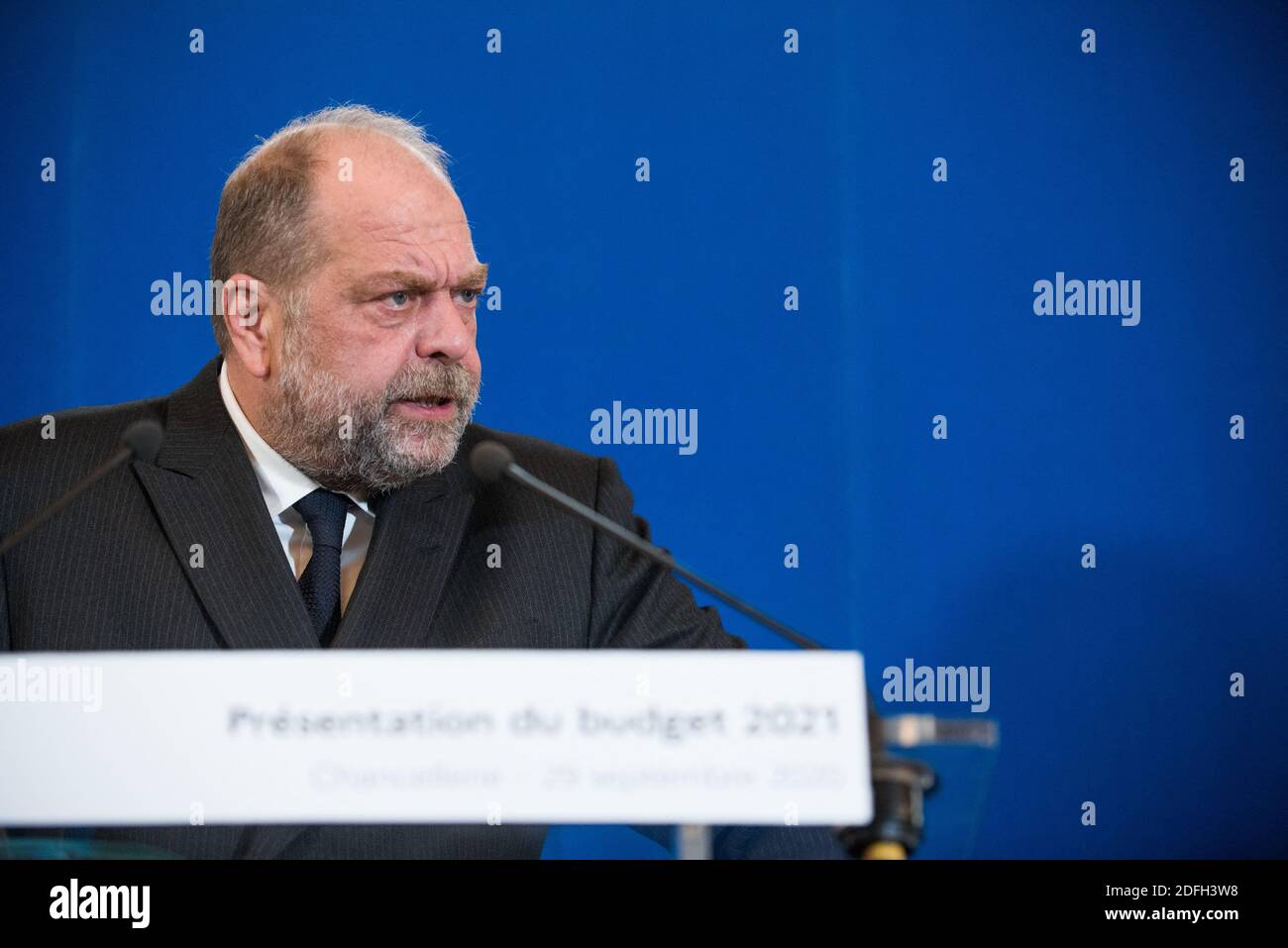 Le ministre français de la Justice, Eric Dupond-Moretti, parle lors d'une conférence de presse de la présentation du budget 2021 du ministre de la Justice, à Paris, en France, le 29 septembre 2020. Photo de Julie Sebadelha/ABACAPRESS.COM Banque D'Images