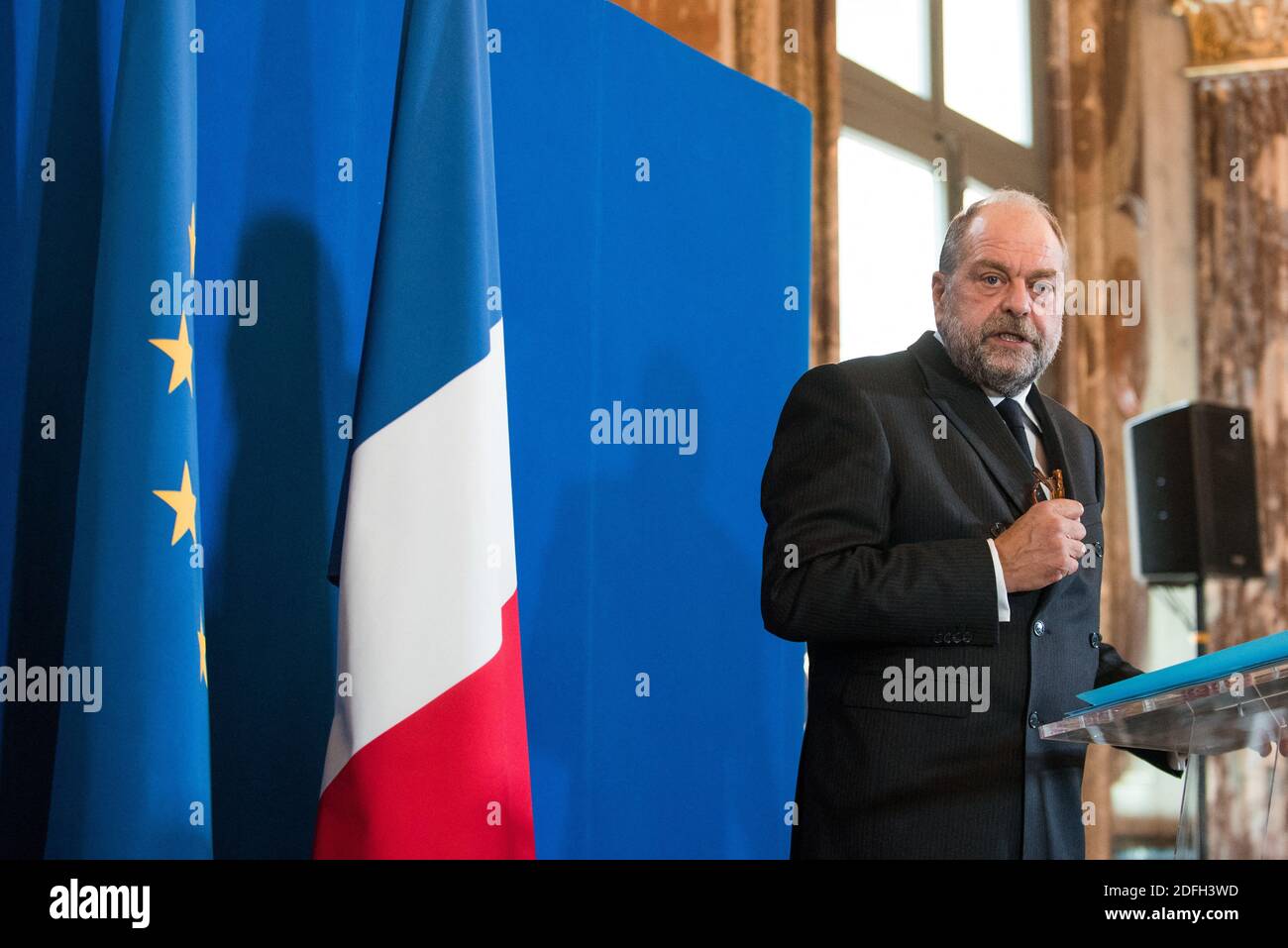 Le ministre français de la Justice, Eric Dupond-Moretti, parle lors d'une conférence de presse de la présentation du budget 2021 du ministre de la Justice, à Paris, en France, le 29 septembre 2020. Photo de Julie Sebadelha/ABACAPRESS.COM Banque D'Images