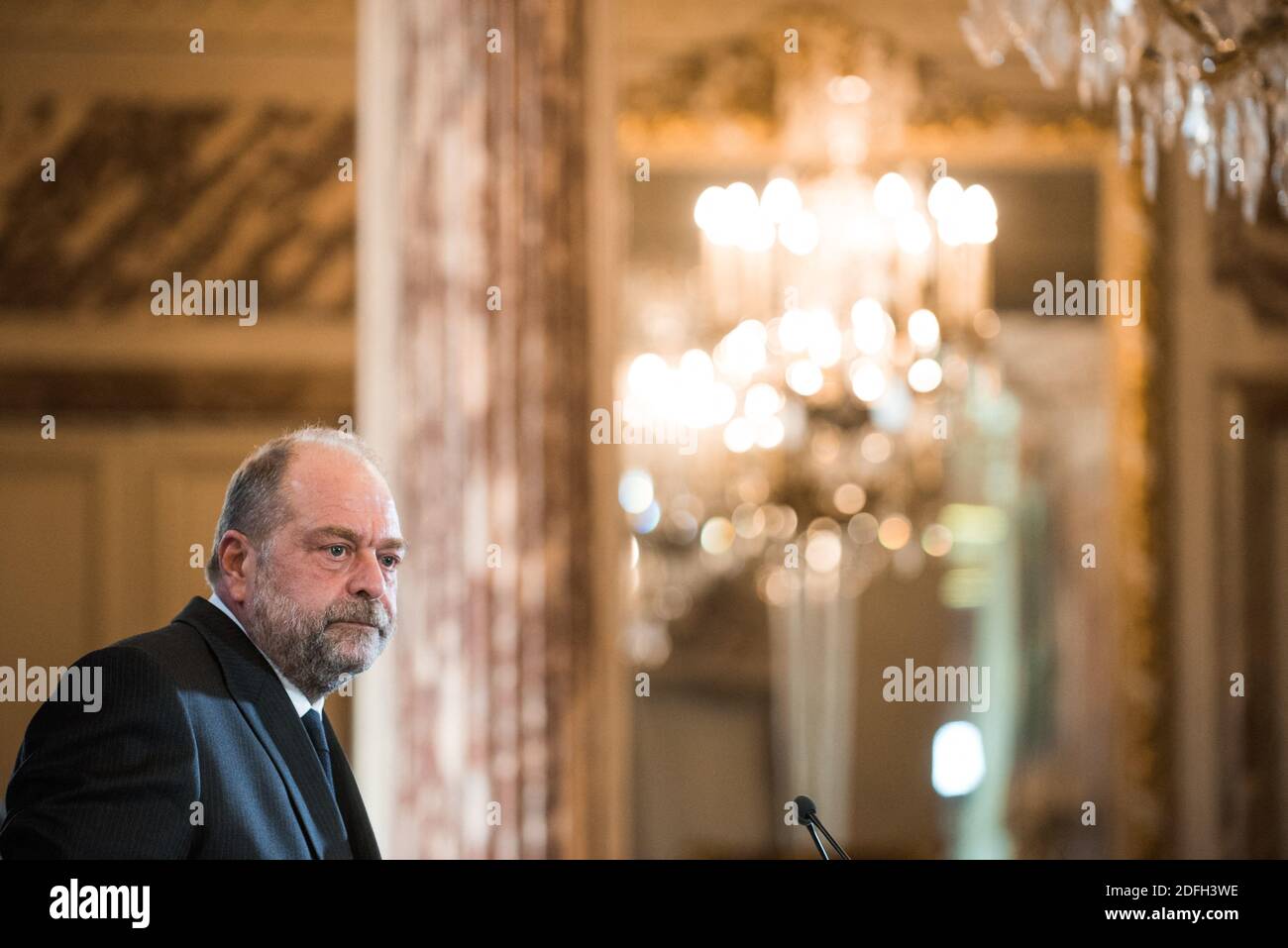 Le ministre français de la Justice, Eric Dupond-Moretti, parle lors d'une conférence de presse de la présentation du budget 2021 du ministre de la Justice, à Paris, en France, le 29 septembre 2020. Photo de Julie Sebadelha/ABACAPRESS.COM Banque D'Images