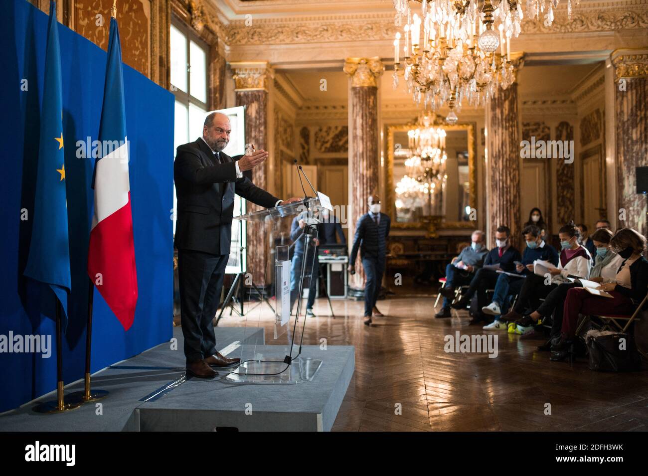 Le ministre français de la Justice, Eric Dupond-Moretti, parle lors d'une conférence de presse de la présentation du budget 2021 du ministre de la Justice, à Paris, en France, le 29 septembre 2020. Photo de Julie Sebadelha/ABACAPRESS.COM Banque D'Images