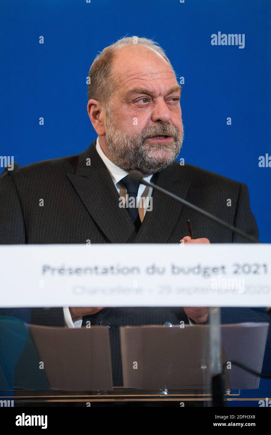 Le ministre français de la Justice, Eric Dupond-Moretti, parle lors d'une conférence de presse de la présentation du budget 2021 du ministre de la Justice, à Paris, en France, le 29 septembre 2020. Photo de Julie Sebadelha/ABACAPRESS.COM Banque D'Images