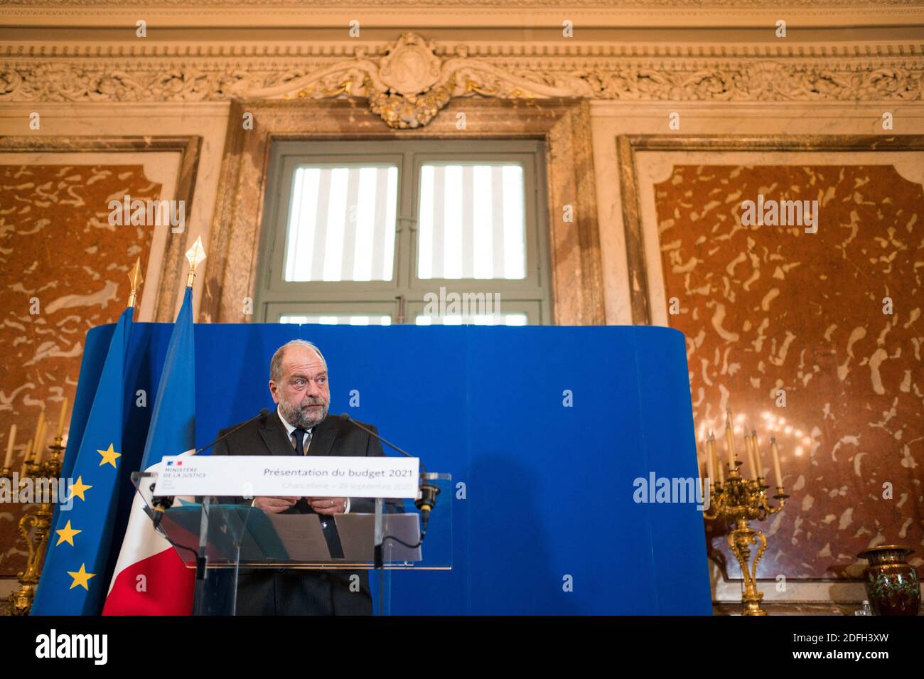 Le ministre français de la Justice, Eric Dupond-Moretti, parle lors d'une conférence de presse de la présentation du budget 2021 du ministre de la Justice, à Paris, en France, le 29 septembre 2020. Photo de Julie Sebadelha/ABACAPRESS.COM Banque D'Images