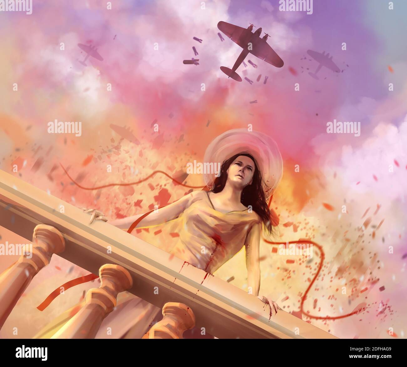 Une femme blessée debout et des bombardiers volant dans le ciel des œuvres d'art dramatique de scène. Banque D'Images