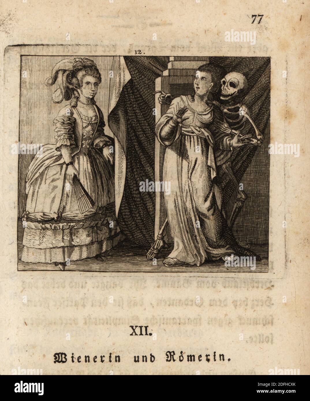 Le squelette de la mort, Freund Hans, embrassant une femme tout en pointant vers une femme viennoise avec une main poney, XVIIIe siècle. Femmes viennoises et romaines. Wienerin und Romerin. Gravure sur plaque de coperplate de Johan Georg Mansfeld d'après un original de Johann Rudolf Schellenberg de Johan Kark Mussaus Freund Heins Erscheinungen à Holbeins Manier, (apparitions de la mort à la manière de Holbein) Mannheim, 1803. Banque D'Images