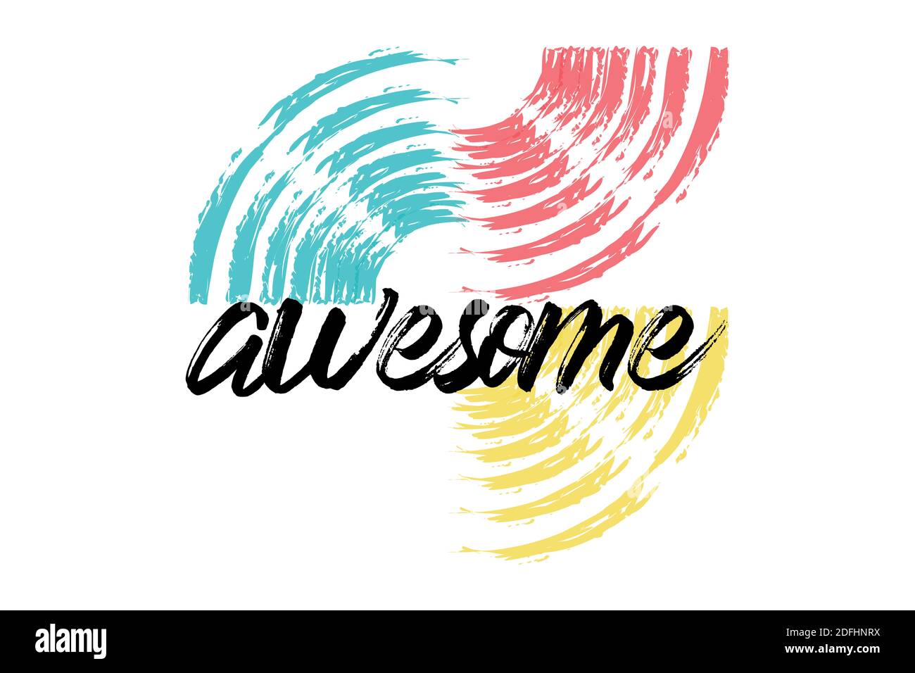 Motif graphique ludique, audacieux et vibrant d'un mot « Awesome » avec des traits de pinceau circulaires dans les couleurs rouge, jaune, bleu et noir. Typographie manuscrite Banque D'Images