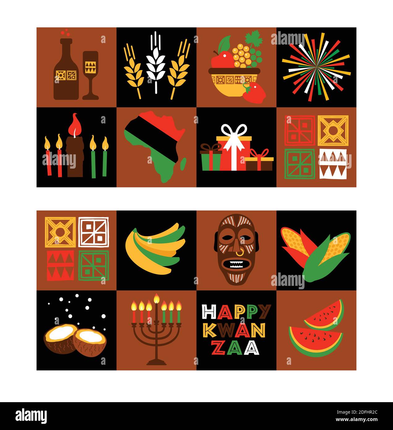 Bannière pour Kwanzaa avec des couleurs traditionnelles et des bougies. Illustration de Vecteur