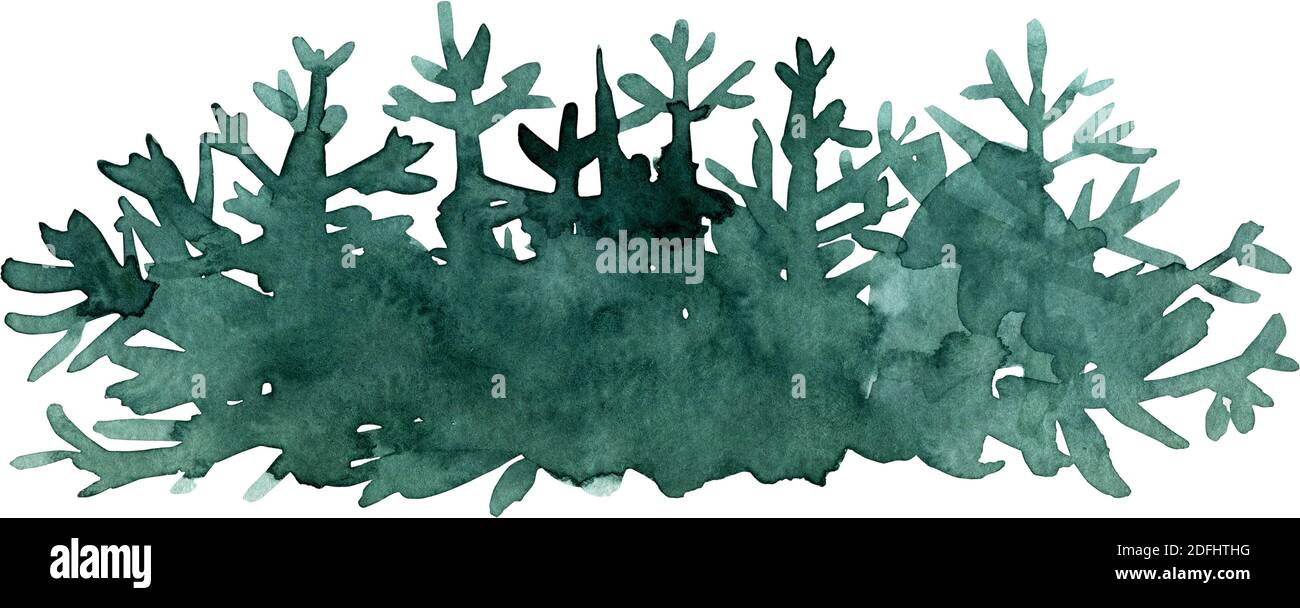 Paysage aquarelle avec sapins, arrière-plan abstrait de la nature, gabarit de forêt, illustration dessinée à la main Banque D'Images