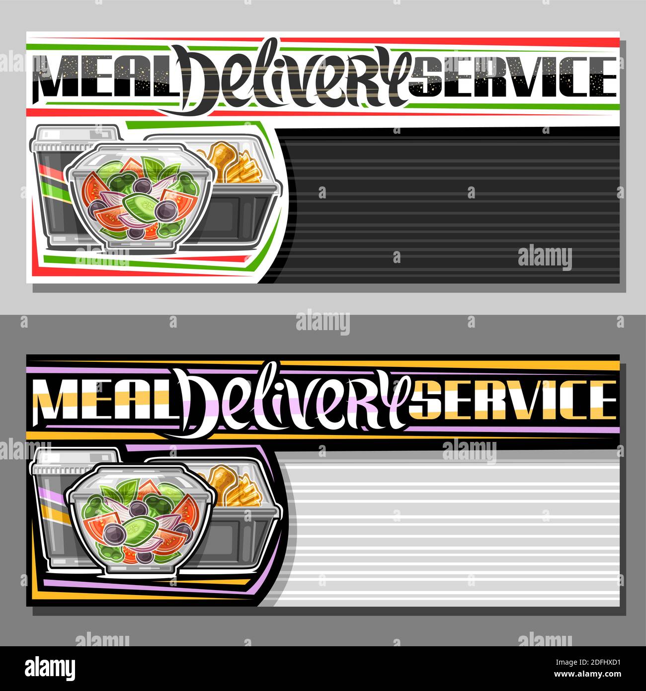 Modèles vectoriels pour le service de livraison de repas avec espace de copie, coupon décoratif avec illustration de salade fraîche dans un bol transparent, poulet cuit et soda Illustration de Vecteur