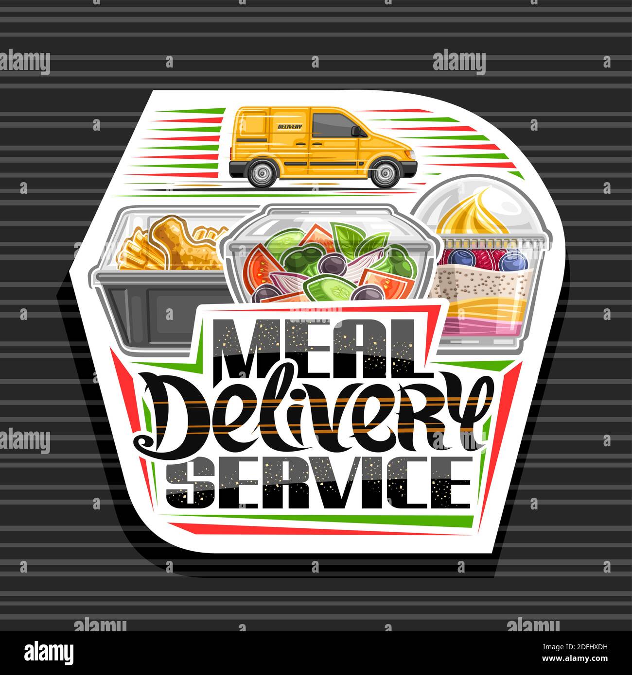 Logo Vector pour le service de livraison de repas, signalisation décorative avec illustration d'une camionnette de livraison jaune, salade végétalienne dans une boîte transparente, poulet frit et Illustration de Vecteur