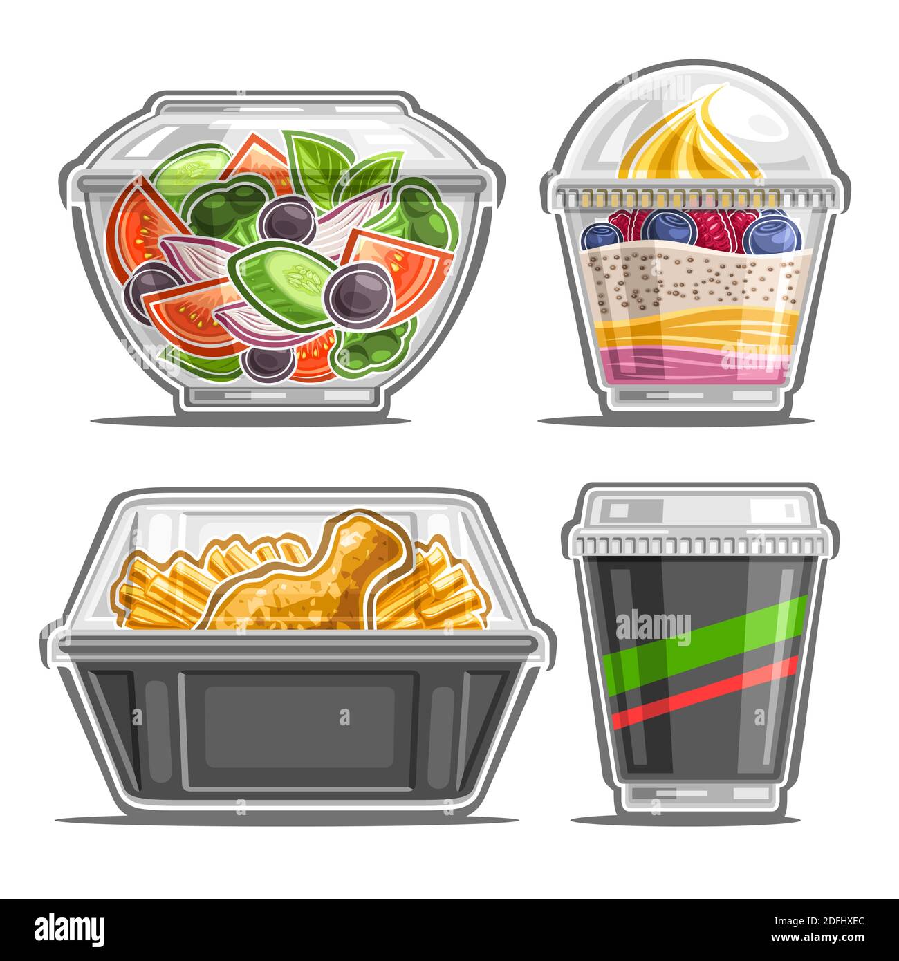 Ensemble Vector pour le service de livraison de repas, 4 illustrations découpées de salade biologique dans un plat transparent, dessert aux baies de service doux, cuisse de poulet croustillante frite avec Illustration de Vecteur