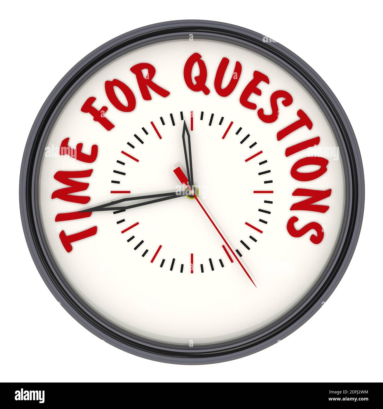 Il est temps de poser des questions. Horloge avec texte. Horloge analogique avec texte rouge POUR LES QUESTIONS. Isolé. Illustration 3D Banque D'Images