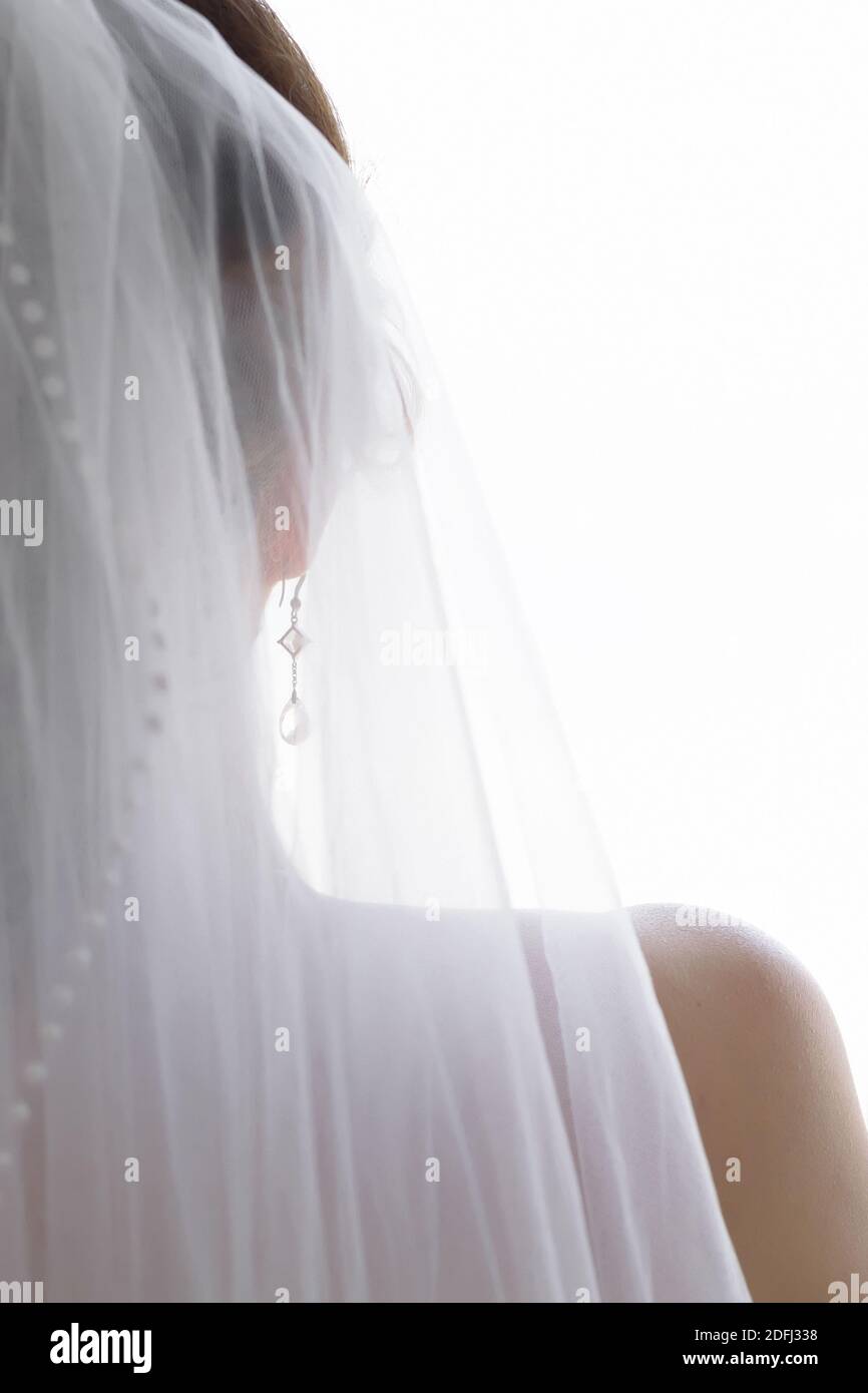 Silhouette de la mariée depuis le dos avec un contour d'oreille et un voile gros plan sur un fond blanc Banque D'Images