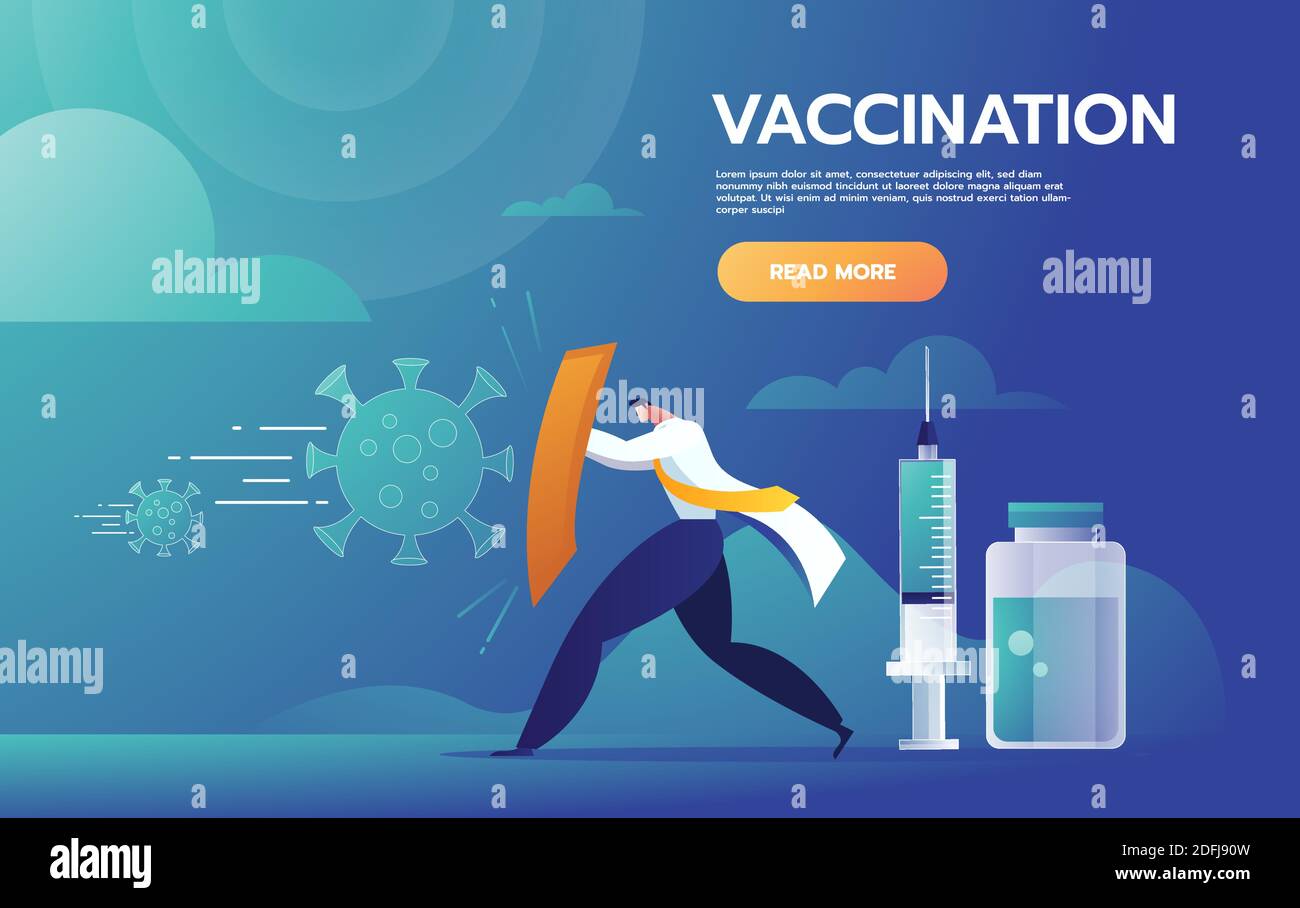 Illustration du concept Fight Covid-19. Médecin levant le bouclier contre la tempête de virus et prêt à lutter contre le vaccin. Modèle vectoriel. Illustration de Vecteur