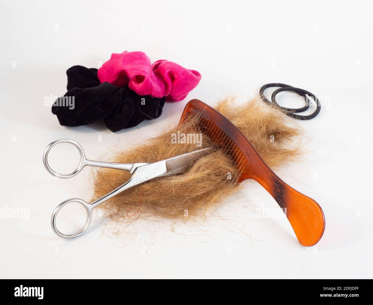 Une touffe de cheveux après avoir été coupée, posée à côté d'une paire de ciseaux, peigne, petits pains, bandes en caoutchouc. Concept autour de la coiffure et du travail. Banque D'Images