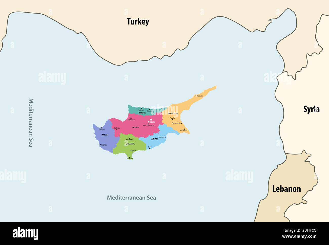 Carte vectorielle des régions de Chypre avec les pays et territoires voisins Illustration de Vecteur