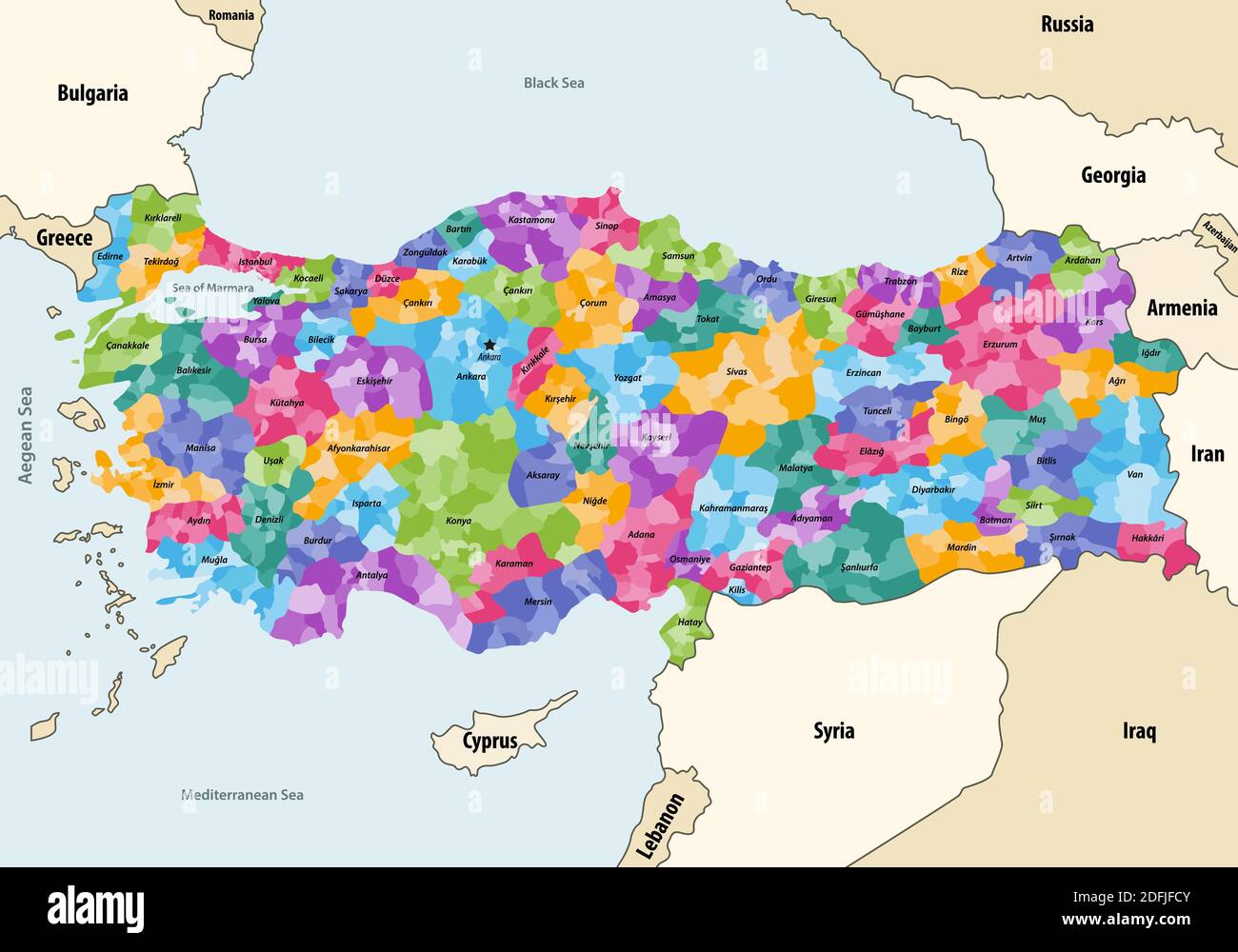 La Turquie distrait par carte vectorielle des provinces avec les pays voisins et territoires Illustration de Vecteur
