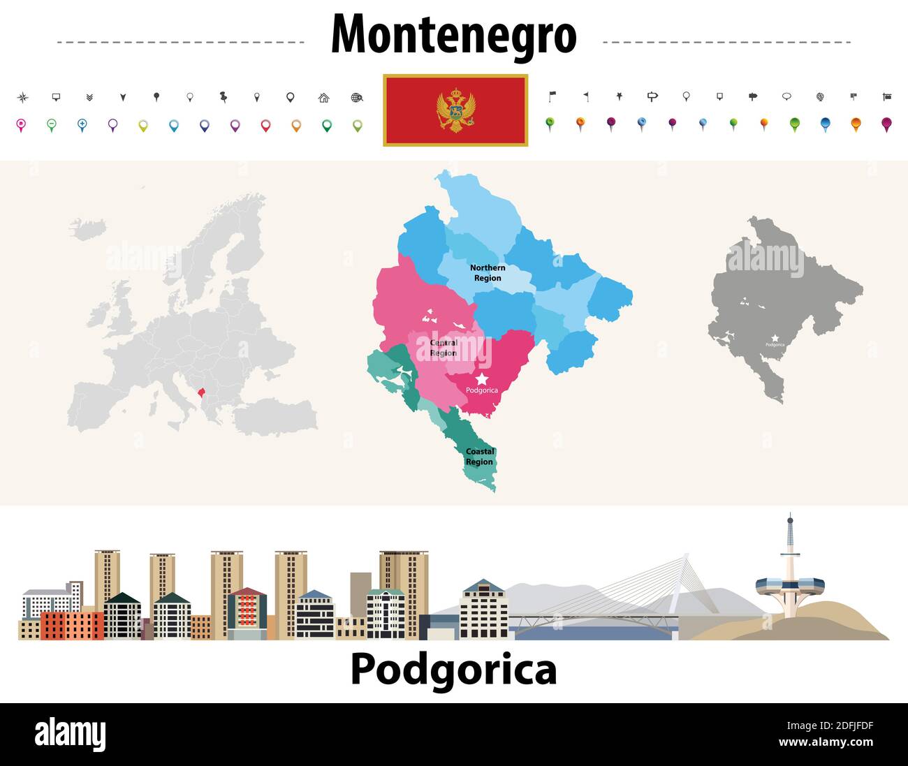 Carte des divisions administratives du Monténégro. Drapeau du Monténégro. Paysage urbain de Podgorica. Illustration vectorielle Illustration de Vecteur