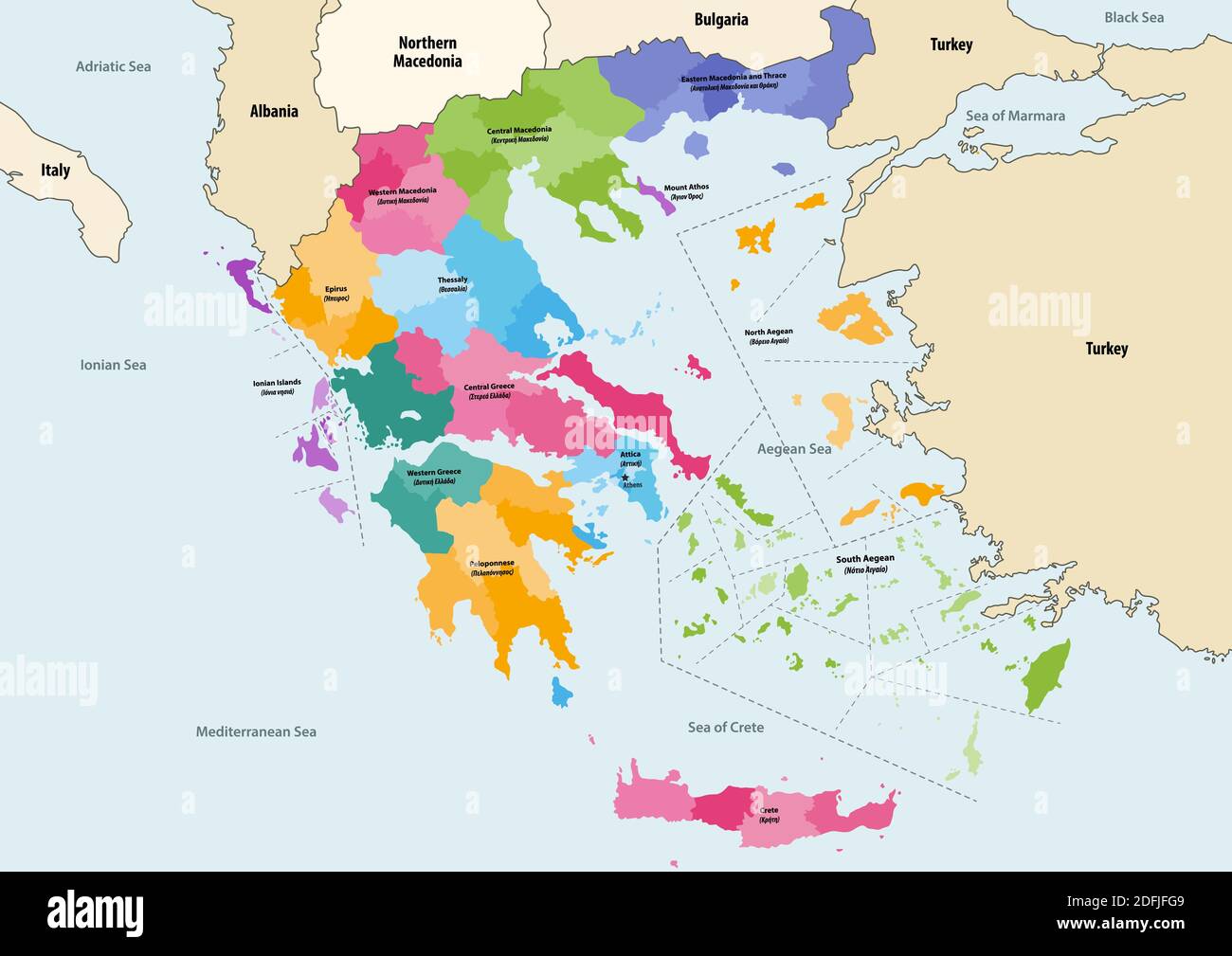 Carte vectorielle des provinces de Grèce, colorée par régions avec voisins pays et territoires Illustration de Vecteur
