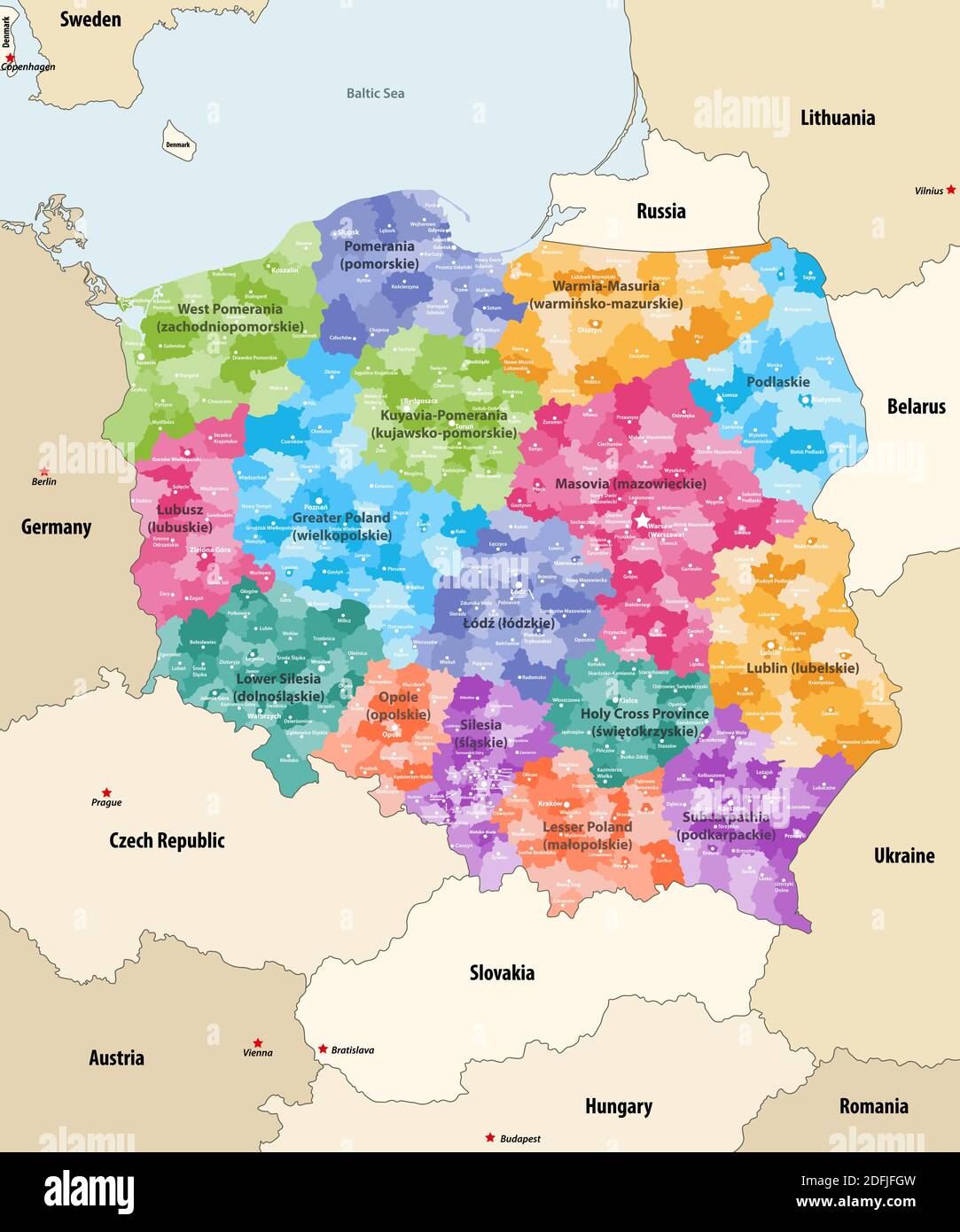 Carte vectorielle des divisions administratives de la Pologne, colorée par provinces (connue sous le nom de voïvodeshanches) avec les pays voisins et les territoires Illustration de Vecteur