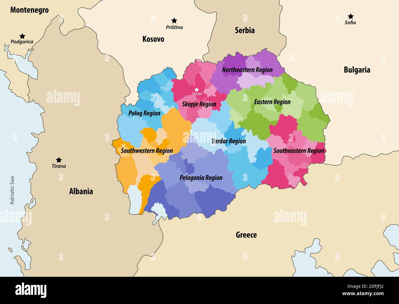 Municipalités de la Macédoine du Nord colorées par régions avec des pays voisins carte vectorielle des territoires et Illustration de Vecteur