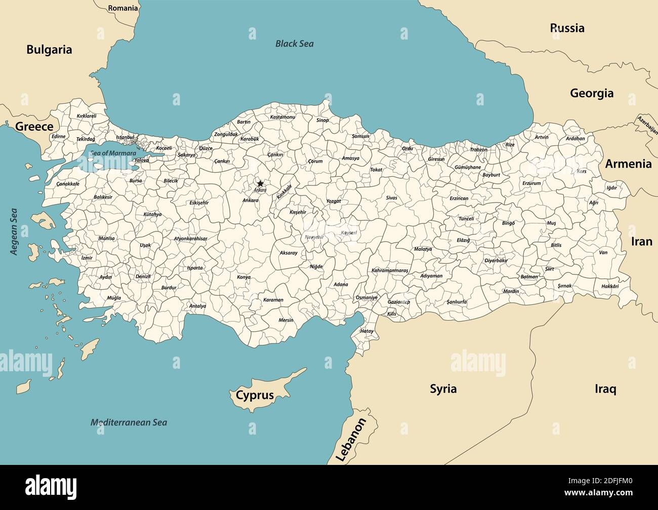 Carte vectorielle des provinces et districts de Turquie avec les pays voisins et territoires Illustration de Vecteur