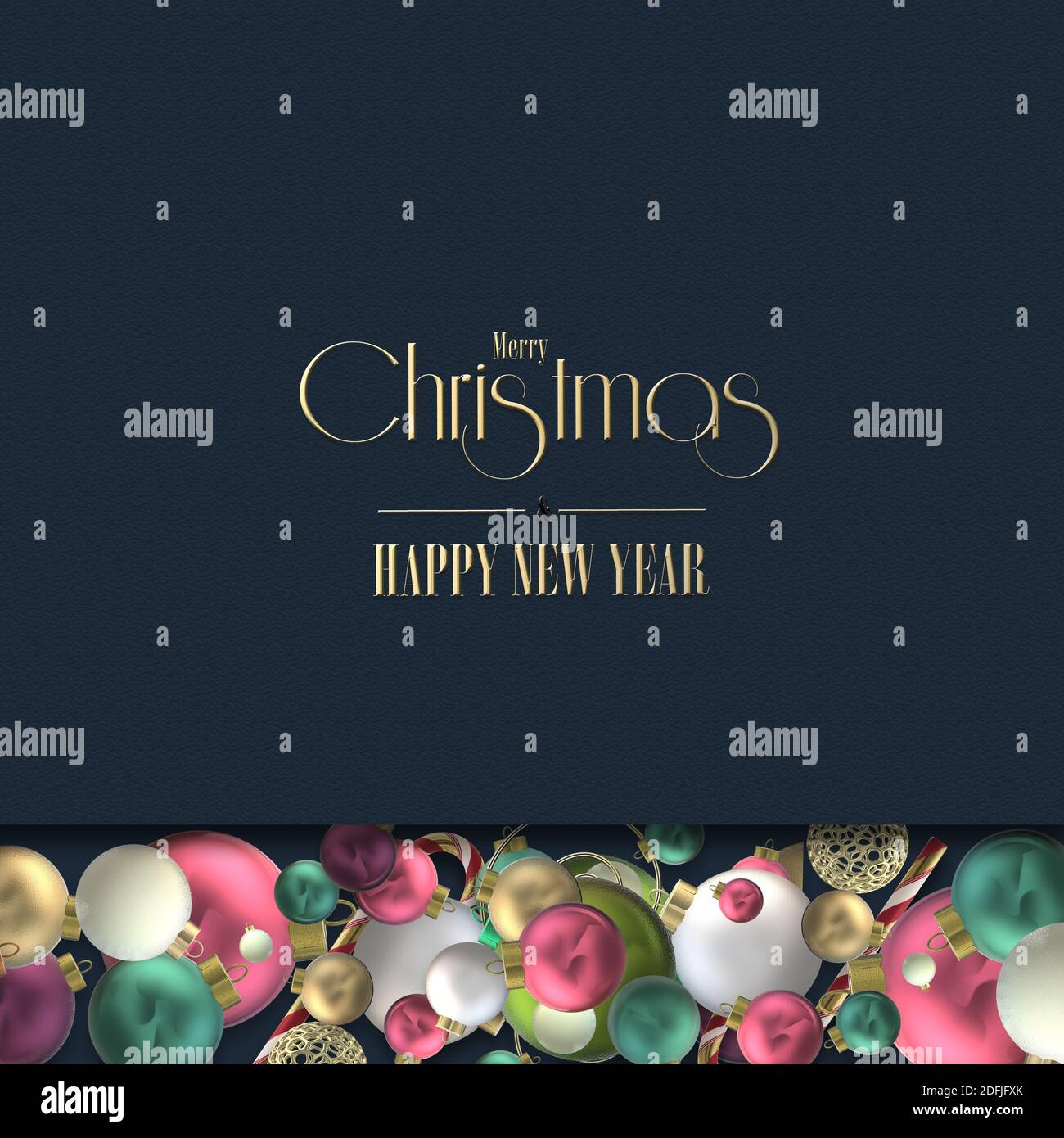 Décoration de Noël élégante en bleu pour carte de fête de Noël. Boules 3D réalistes colorées boules boules boules boules, or voeux texte sur fond bleu noir Banque D'Images
