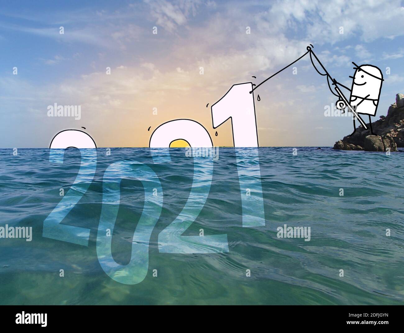 Dessin main de dessin de l'homme pêche un grand panneau de 2021, dans une photo de l'océan bleu Banque D'Images