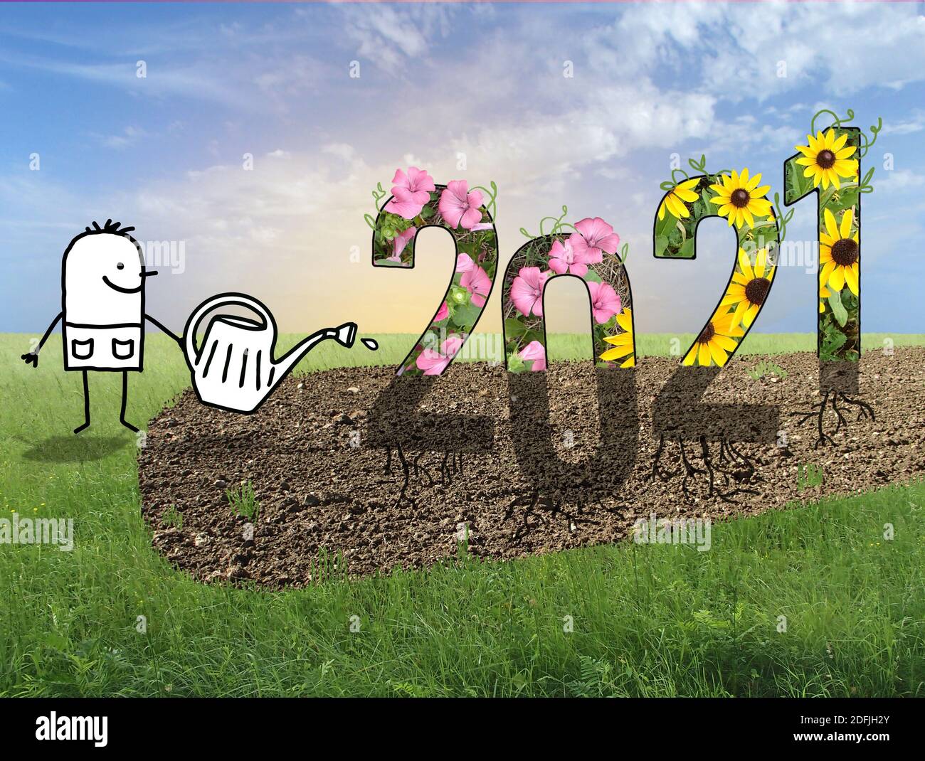 Dessin main Cartoon Gardener arroser un grand panneau de 2021, dans une photo de champ vert Banque D'Images