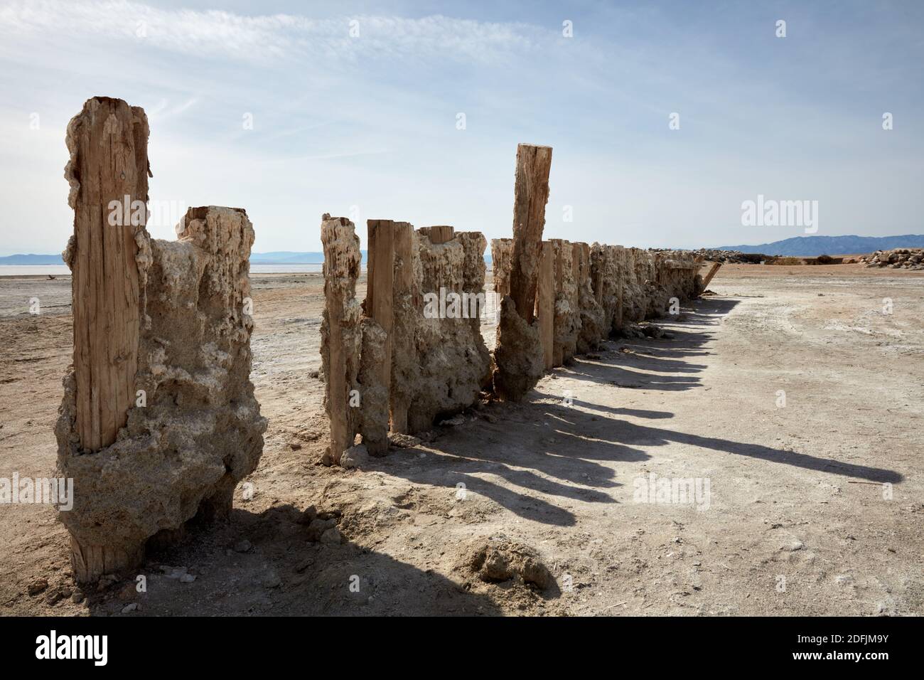 Pillages incrustés de sel laissés derrière par la mer de Salton, Californie Banque D'Images