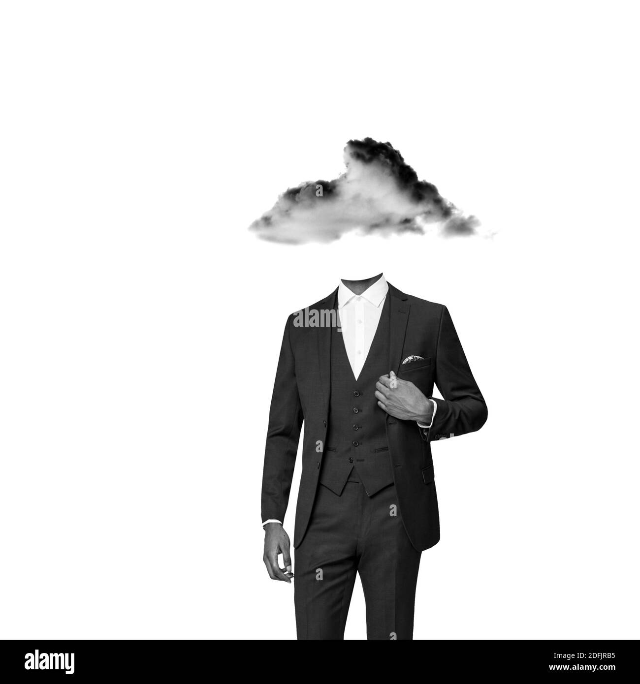 Homme d'affaires avec le nuage dans sa tête . Concept surréaliste tête dans les nuages d'un homme d'affaires isolé sur fond blanc Banque D'Images