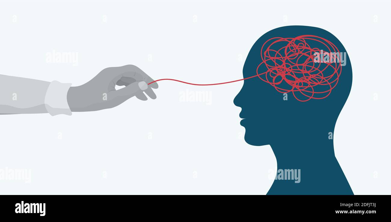 Concept de santé mentale.main d'un thérapeute ou d'un médecin démêlant un Enchevêtrement dans la tête de silhouette du côté d'un patient.Psychologie et Psychiatrie.stress Illustration de Vecteur