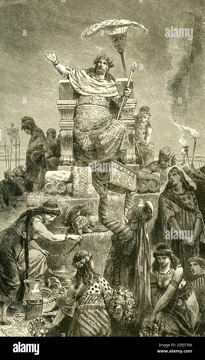 Croesus, roi de Lydia, mourut vers 546 av. J.-C. UN symbole de richesse pour les Grecs, il s'est allié avec l'Égypte et Babylonia contre Cyrus le Grand de Perse. Défait et capturé, il a été condamné au pyre funéraire (illustré dans le dessin de la fin du XIXe siècle), mais quand il a invoqué le nom de Solon, Cyrus l'avait laissé vivre et l'avait fait comme conseiller. Banque D'Images