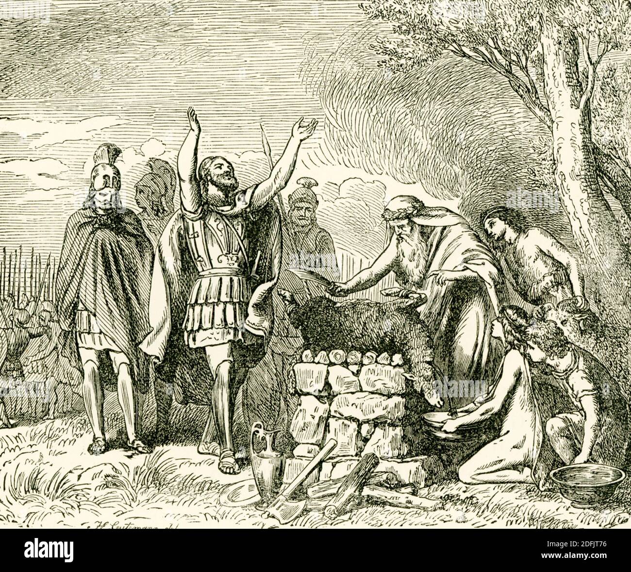 Combattu en 479 av. J.-C. entre les Grecs et les Perses, Plataea était la dernière bataille terrestre de la guerre perse menée par Xerxès (la première guerre perse avait été menée par le père de Xerxès Darius I). Les Perses avaient été chassés de la Grèce continentale après leur défaite à Salamis. Le général Spartan Pausanias a commandé les troupes grecques alliées. Dans cette illustration datant de la fin des années 1800, Pausanias sacrifie aux dieux avant la bataille de Plataea. Banque D'Images