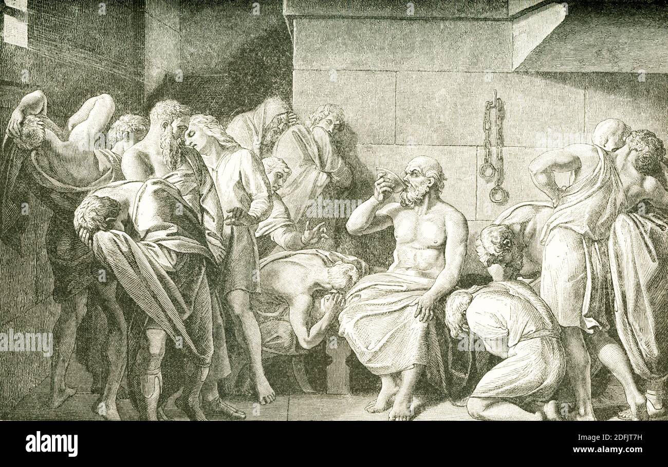 Le philosophe grec Socrates (469–399 av. J.-C.) a été reconnu coupable d’impiété par les tribunaux athéniens ; plutôt que de renoncer à ses croyances, il est mort volontairement, décourageant l’immortalité de l’âme avant de boire de la pruche toxique (comme on l’a vu ici). Banque D'Images