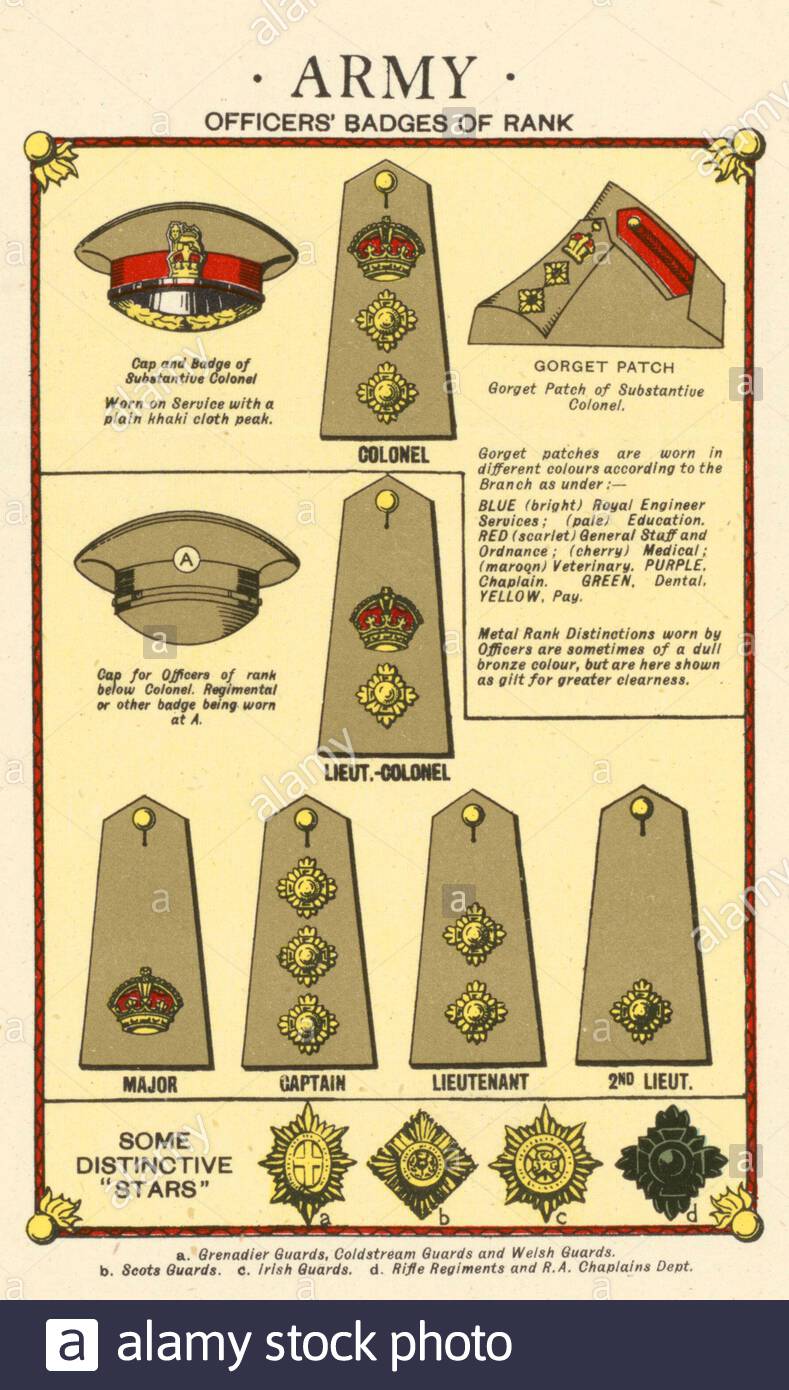 Grades et Insignia des Forces armées britanniques - Armée, d'après l'affiche d'information et de propagande de la Seconde Guerre mondiale Banque D'Images