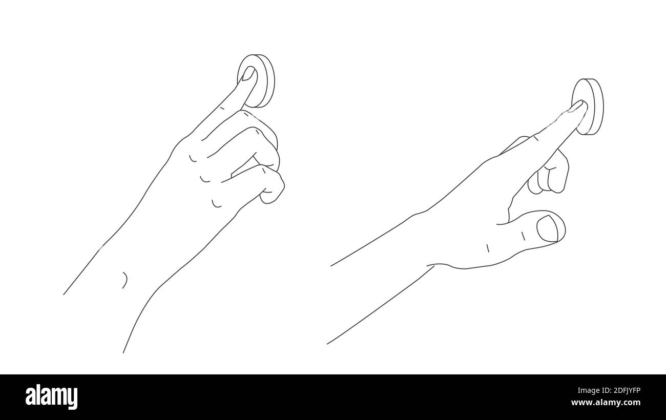 illustration de l'index humain appuyant sur le bouton rond, ligne graphique à la main, deux positions des deux côtés du bras, illustration linéaire isolée Illustration de Vecteur