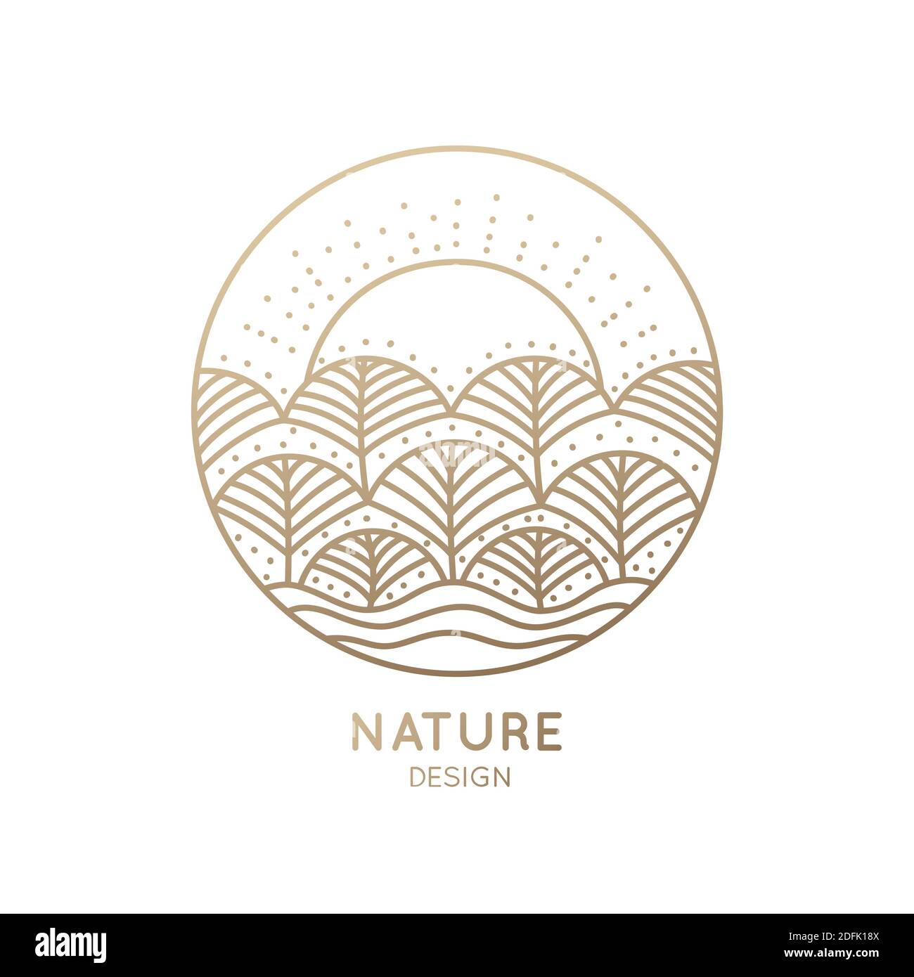 logo des éléments de la nature sur fond blanc. Icône linéaire de paysage avec des arbres et le soleil - emblèmes d'affaires, badge pour un voyage, l'agriculture et l'écologie Banque D'Images