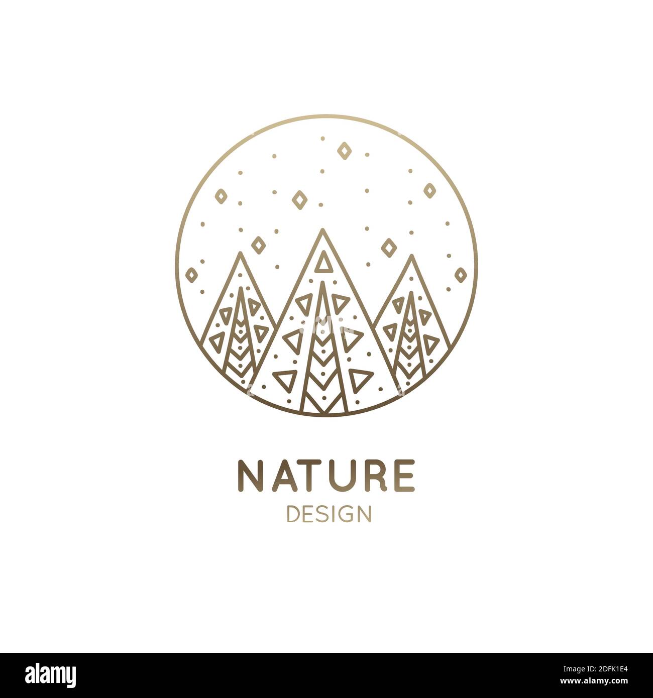 Logo vectoriel des éléments de la nature dans le style géométrie sacrée. Icône linéaire de paysage avec des arbres et des étoiles de pluie - emblèmes d'affaires, badge pour un voyage Illustration de Vecteur