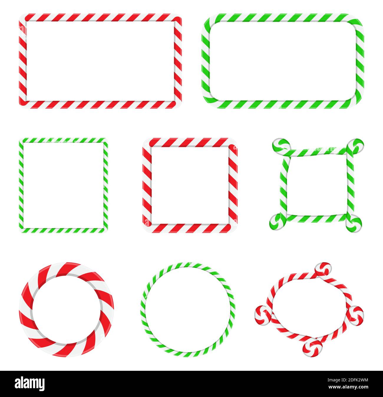 Collection de cadres de canne à sucre. Bordure de Noël avec rayures. Vecteur rayé xmas cercle, carré et rectangle forme arrière-plan avec espace de copie. Rouge Illustration de Vecteur
