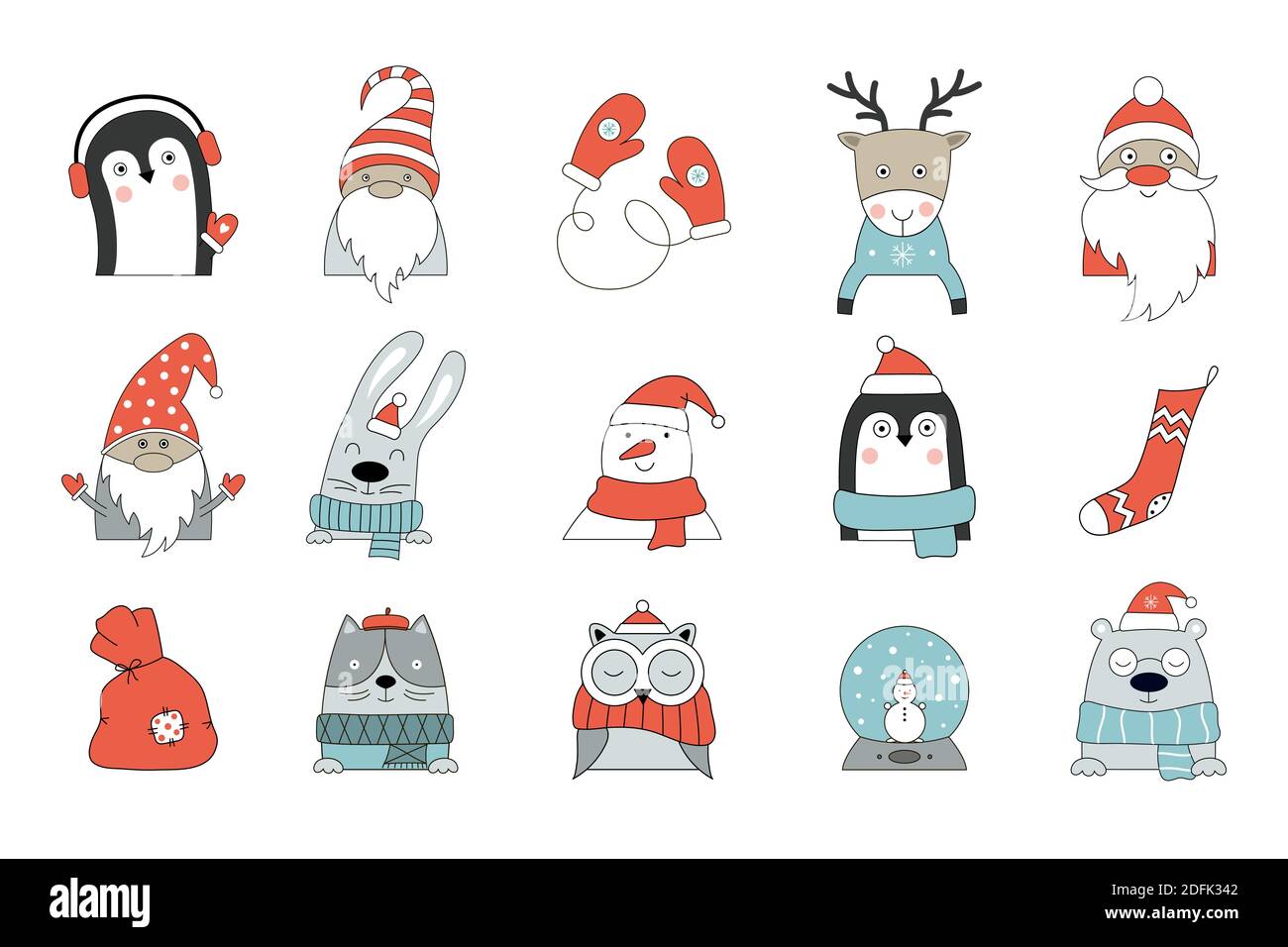 Ensemble d'icônes dessinées à la main avec des animaux en costumes d'hiver et des décorations de Noël sur fond blanc. Illustration vectorielle pour la décoration de Noël Illustration de Vecteur