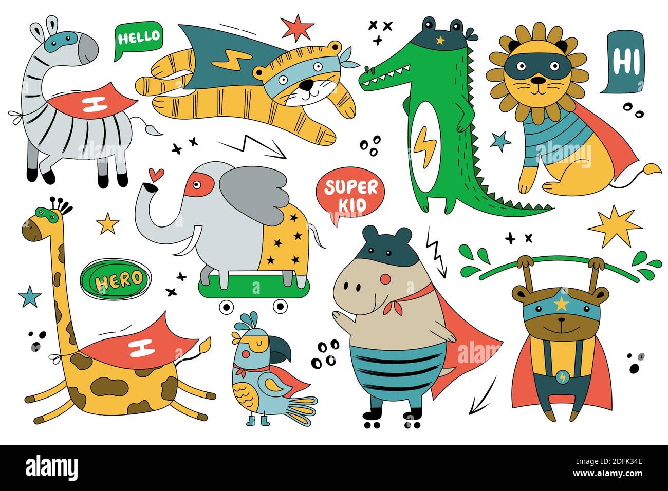 Ensemble d'animaux sauvages en costume de BD amusant. Illustration vectorielle mignonne avec Parrot, hippopotame, tigre, lion, girafe, éléphant, singe, zèbre isolée sur wh Illustration de Vecteur