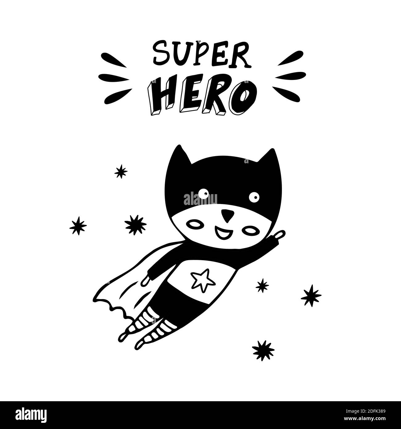 Super-héros en costume noir sur fond blanc. Affiche scandinave mignonne avec un héros et un lettrage dessiné à la main pour l'art mural Illustration de Vecteur