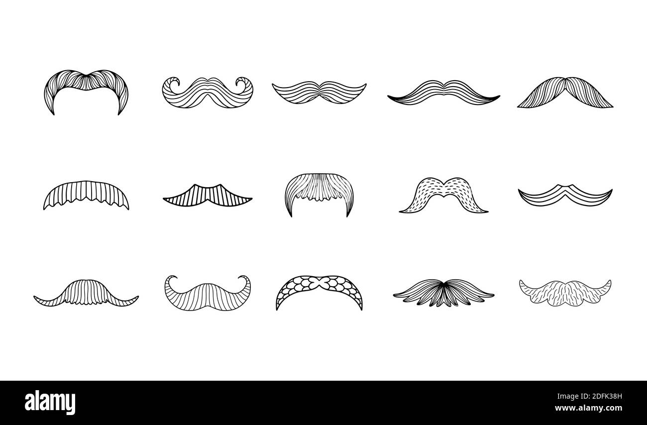 Collection avec moustache mâle dessinée à la main isolée sur fond blanc. Peut être utilisé pour créer un logo de barbershop, une carte de vœux de père, etc Illustration de Vecteur