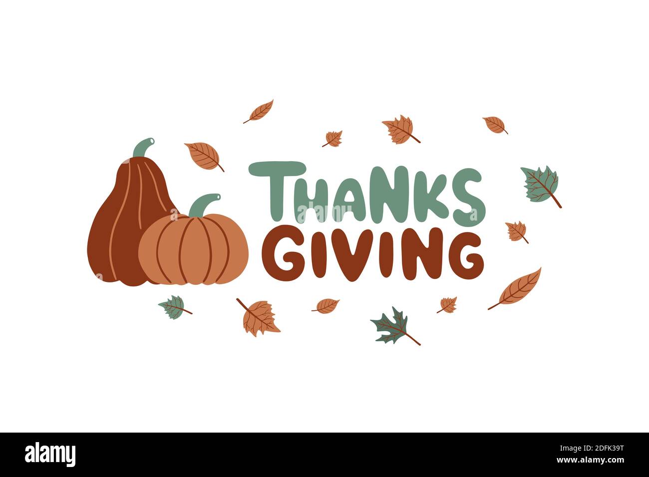 Composition de lettrage de Thanksgiving avec des citrouilles et des feuilles d'automne. Affiche typographique du jour de Thanksgiving dessinée à la main. Il peut être utilisé pour les cartes de vœux, Illustration de Vecteur