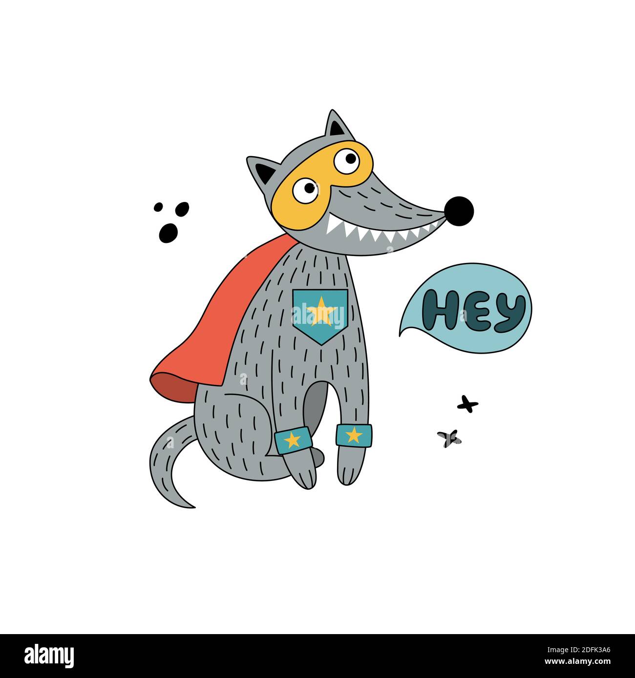 Loup en costumes comiques amusants. Illustration vectorielle dessinée à la main avec un animal sauvage sur fond blanc. Peut être utilisé pour obtenir une carte, une pépinière, une affiche Illustration de Vecteur