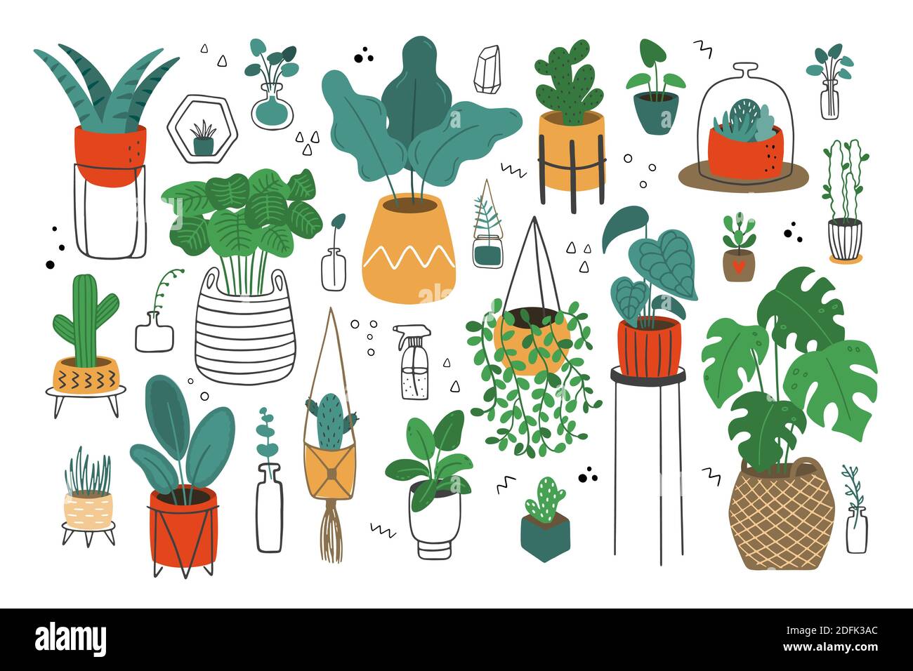 Illustration vectorielle dessinée à la main avec fleurs en pots. Maison jardin, serre, plantes poussant dans des pots. Style scandinave. Illustration de Vecteur